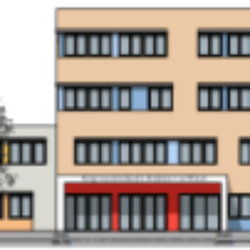 Logo des Schulgebäudes. Gelber Korpus mit roter Eingangstür.