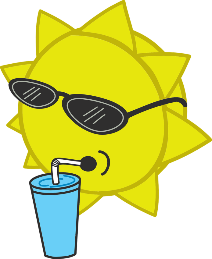 Cartoon-Sonne mit Sonnenbrille und Drink