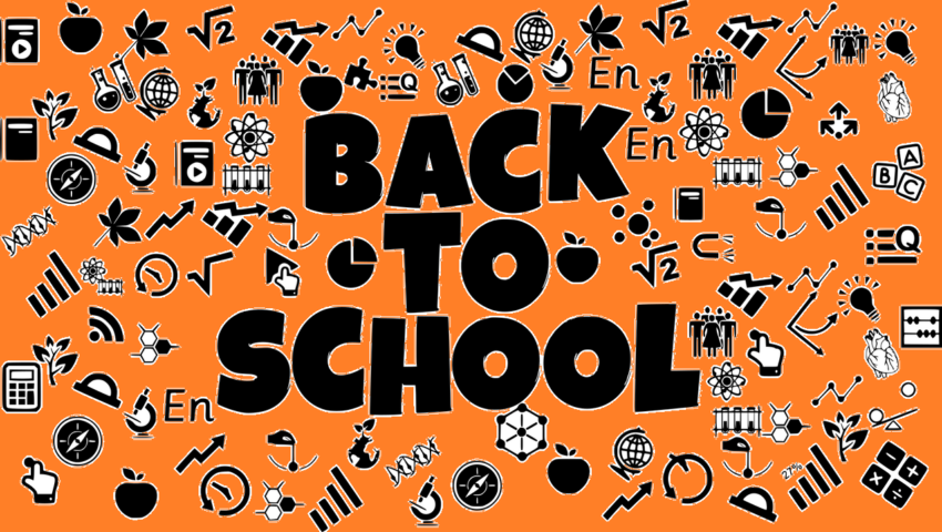 Back to school. Orangenes Bild mit diversen Symbolen der Naturwissenschaften und Formeln. Schreibutensilien, ABC, Rechenoperatoren und vielem Schulischen mehr.
