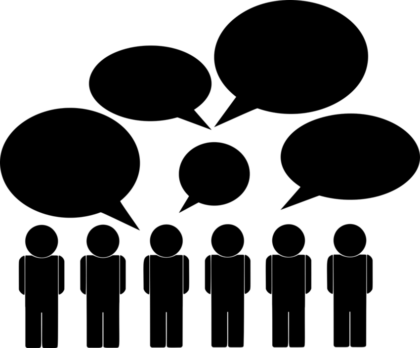 sechs Piktogrammmännchen mit fünf unterschiedlichgroßen Sprechblasen